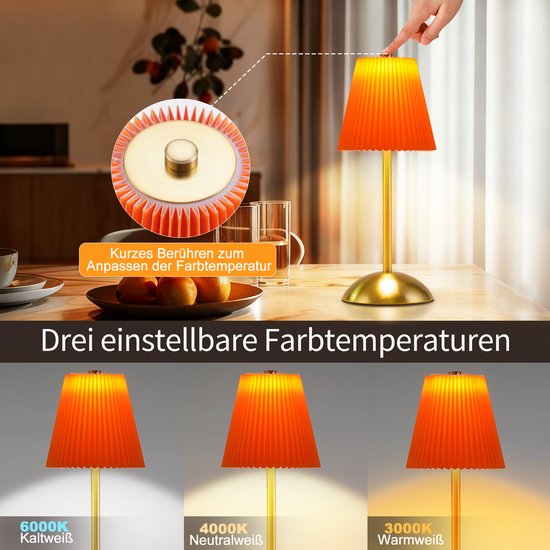 NETTLIFE Tafellamp LED 2 Stuks - Oranje-rood - Touch Dimbaar 3 Kleurtemperaturen - USB Oplaadbaar Draadloos - Voor Eetkamer Slaapkamer Woonkamer Hotel Buiten
