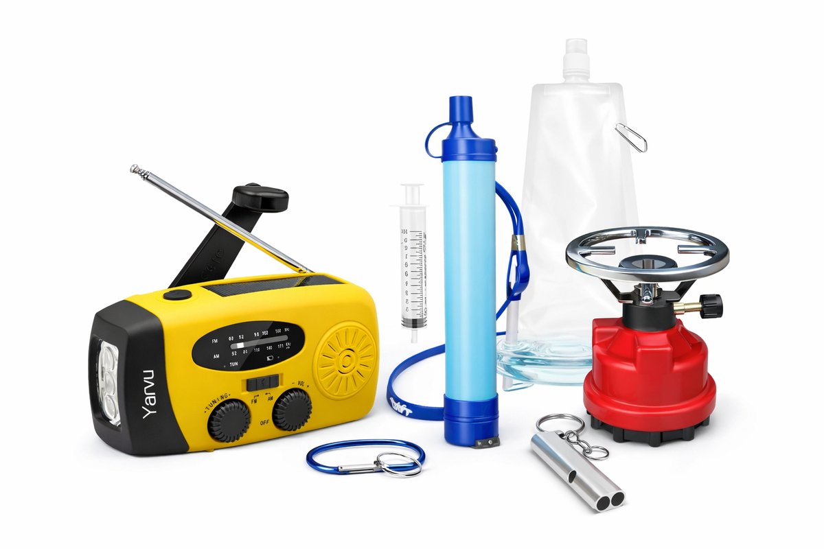 Yarvu ® Noodpakket - 6 in 1 Noodradio + 1 Pits Gaskoker + Waterfilterset + Noodfluit - Nood Pakket - Nood Radio - Geel