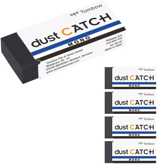 Tombow stofvanger gum, witte verpakking met tekst 'dust CATCH MONO' en informatie, op witte achtergrond.