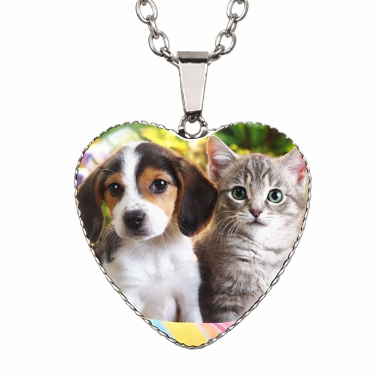 EmmyRovi - Hart Ketting - Hond & Kat - Beagle Puppy & Kitten - Glazen Hanger - 60 cm - Moederdag Cadeau