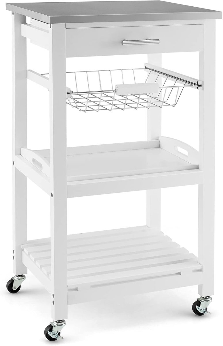 KOMFOTTEU Serveerwagen met roestvrij stalen werkblad, keukentrolley klein, rolwagen met lade en planken, keukenrek, keukentrolley voor keuken eetkamer (wit)
