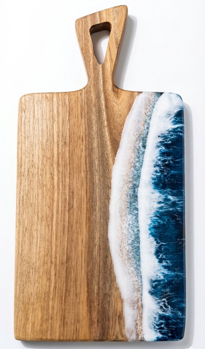 De Groen Home Snijplank van Massief Walnotenhout - 25x40 cm - Handgemaakt ocean-design met epoxy - Met driehoekige handgreep