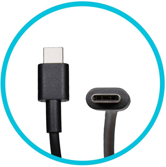 Twee USB-C connectoren, één onder een hoek en één recht, binnen een blauwe cirkel.