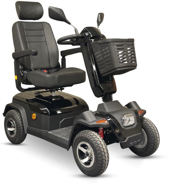 Zwarte scootmobiel met stoel, koplampen, knipperlichten, mandje en grote wielen.