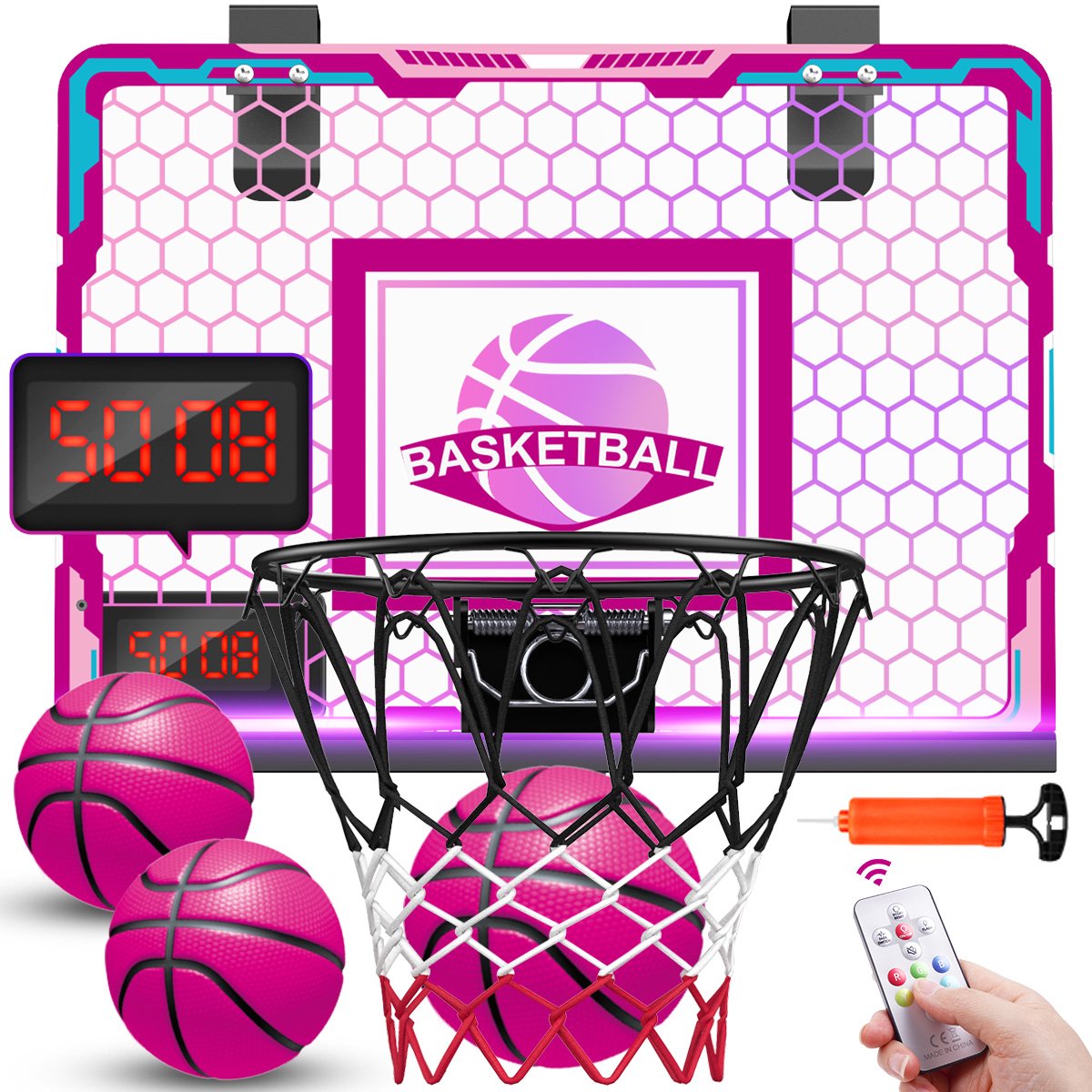 VATOS Meisjes Basketbal Set - Roze Indoor Basketbal Board met LED Verlichting, Electronisch Scorebord & Afstandsbediening - Spleegoed voor Kinderen 5-12 Jaar
