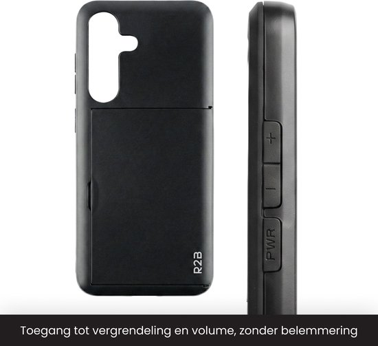 Zwart R2B telefoonhoesje in voor- en zijaanzicht, met knoppen voor aan/uit en volume.