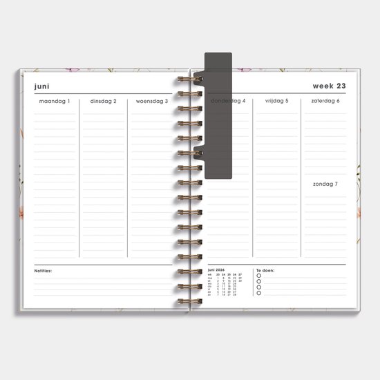 Hobbit - A5 Agenda 2026-2027 - 1 week op 2 pagina's - Harde Kaft - Ringband Agenda A5 (14,8 x 21 cm) - Aquarel bloemetjes