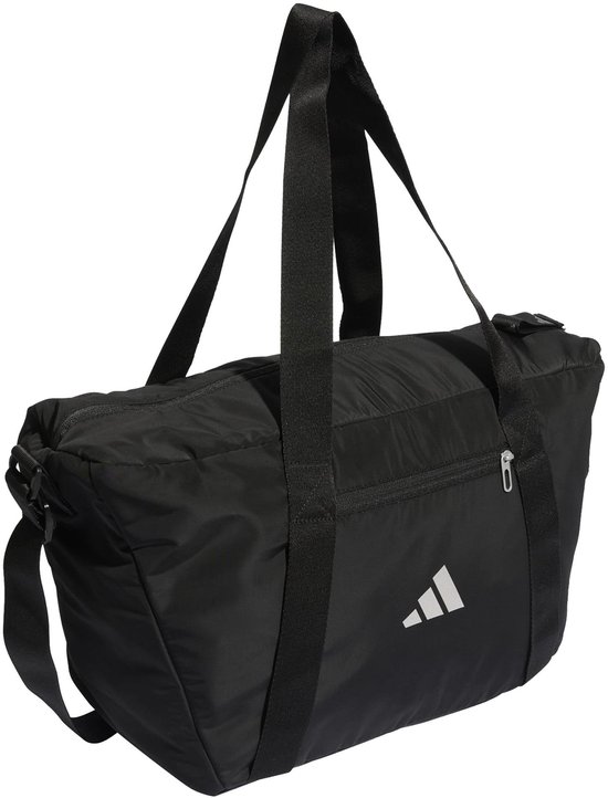 Zwarte sporttas met ritsvak op de voorkant en Adidas logo.