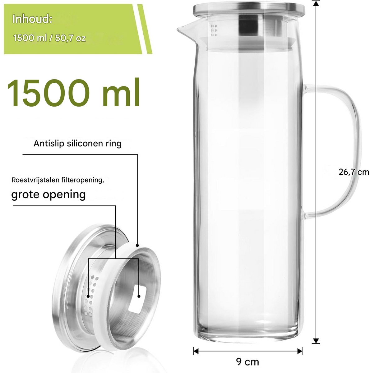 QTTVBTNA – 1 Stuk Glazen Waterkan met Deksel – Transparante Waterkaraf – Duurzame Glaskan voor Water, Sap en Drankjes – Praktische Waterkan voor Dagelijks Gebruik, Tafelserveren en Keuken – 1,5 Liter — cadeau in Cadeau-ideeën - foto 6