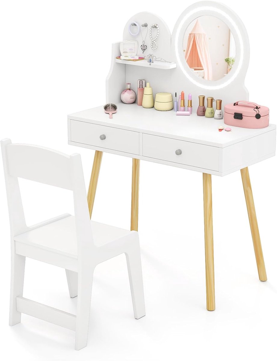KOMFOTTEU Make-uptafel voor kinderen, kaptafel prinses met pvc-spiegel met 2-kleurige ledverlichting, open rek, 3 haken, 2 laden en grenenhouten poten voor kinderen vanaf 3 jaar