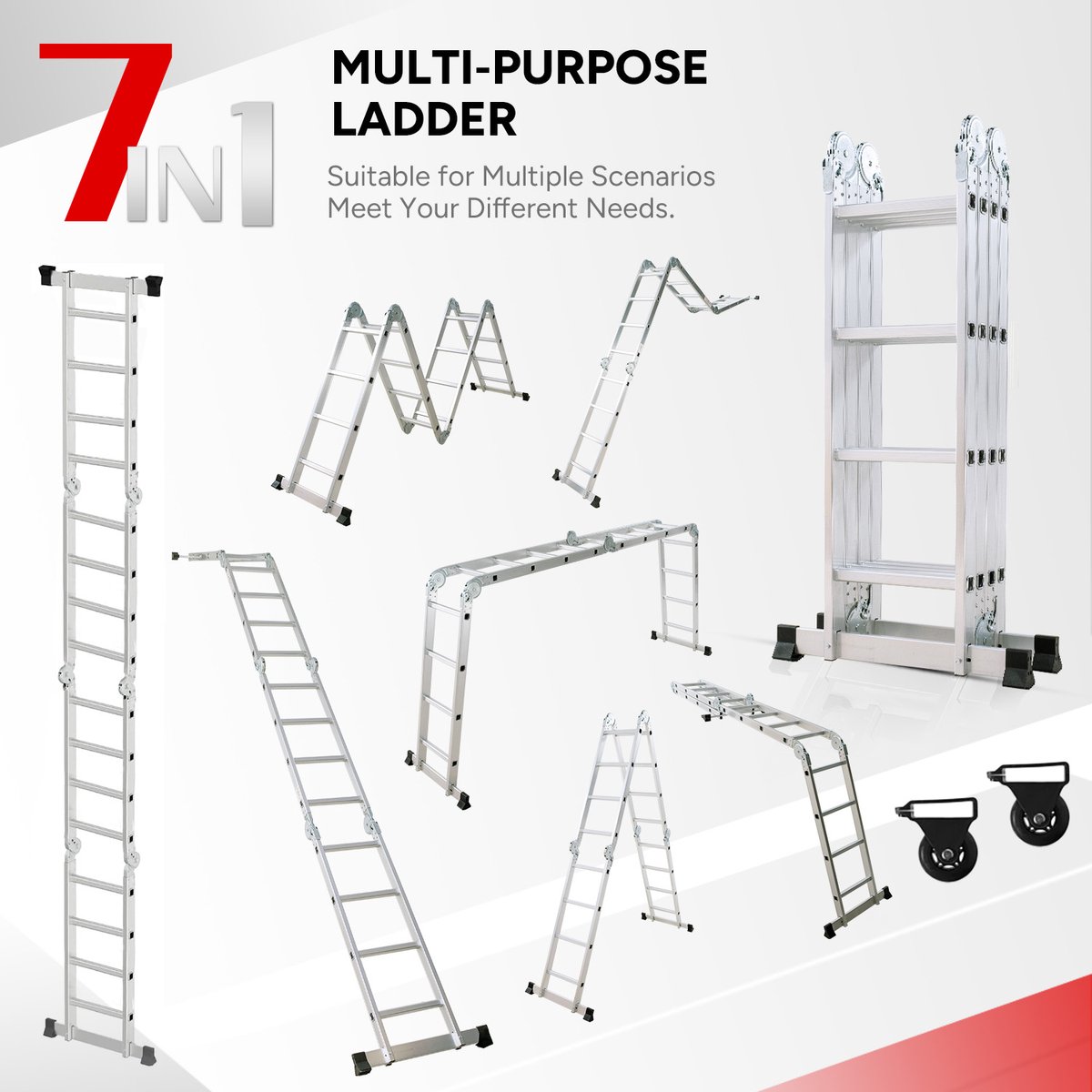 OUTIGO Multifunctionele ladder - 4,6 meter - 7 in 1 - opvouwbaar - aluminium - met 2 wielen - geschikt voor huishoudelijk gebruik - 16treden – foto 2
