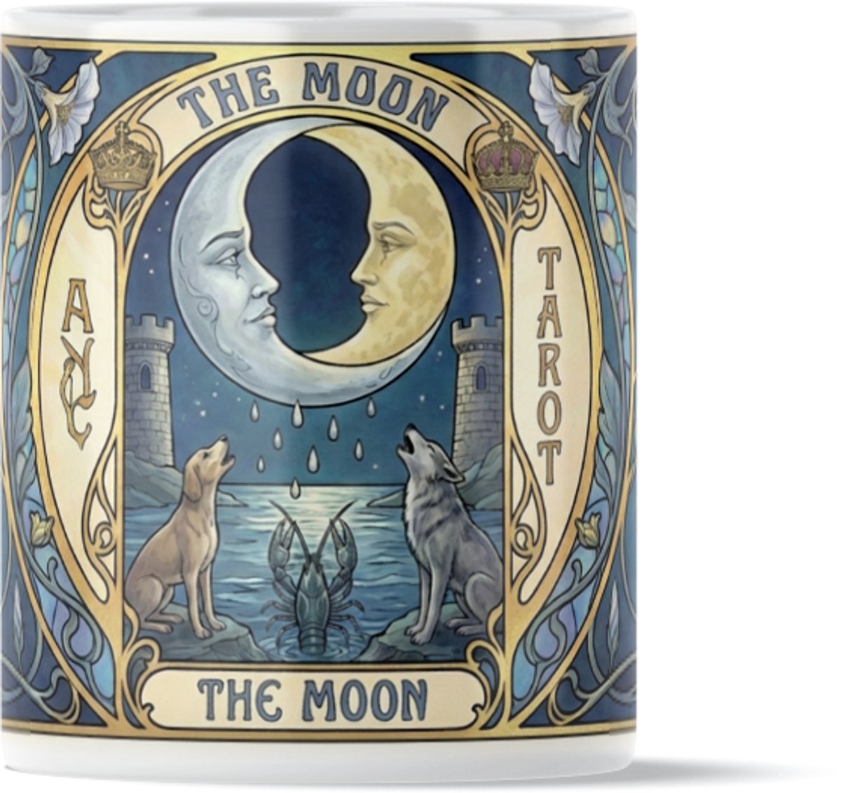 Mystieke Tarot Mok "The Moon" (De Maan) - Symbool voor Intuïtie & Dromen - Mystiek Blauw - Vintage Art Nouveau Design met Wolf, Hond & Kreeft - Spiritueel Wijsheid Cadeau voor Vrouw of Vriendin - Vintage Illustratie