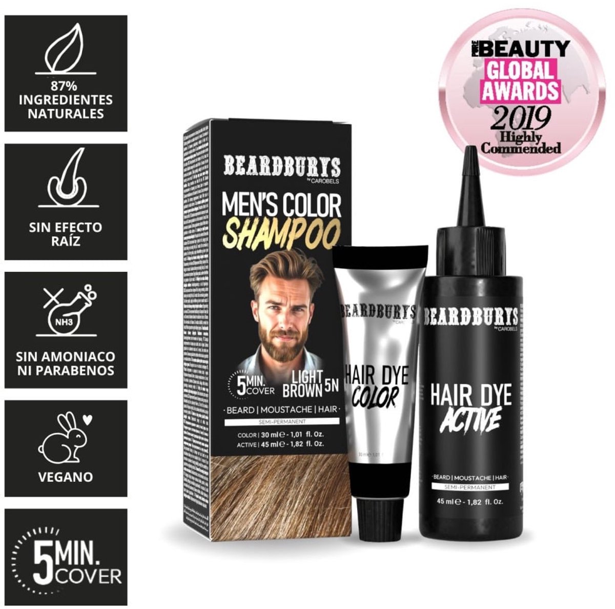 Beardburys Men's Color shampoo voor Baardverf - Snor - Haar 5N - Lichtbruin