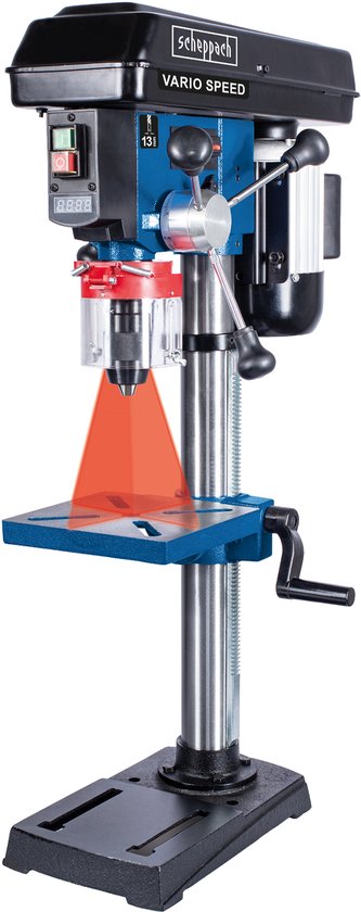 Zicht op de voorkant van de blauwe Scheppach kolomboormachine met VARIO SPEED en laser.