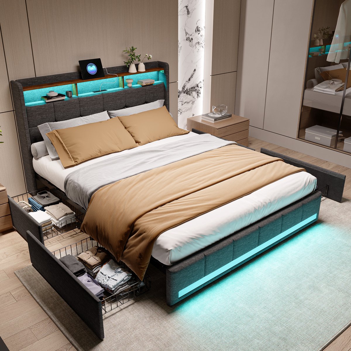 Tweepersoonsbed met ledverlichting, USB-poort, Type-C-aansluiting en 4 lades, opbergbed 140x200cm, linnenstof, grijs, exclusief matras