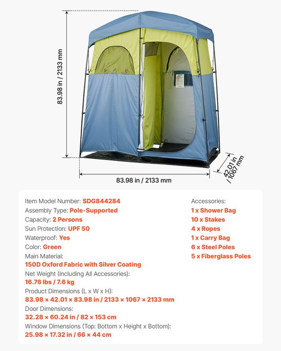 VEVOR 2-Kamer Douchetent, Toilettent (2133x1067x2133 mm) met Douchezak, Omkleedtent Inclusief Haringen, Touwen, Draagtas En Steunpalen, Gemaakt van 150d Oxford-Stof, Geschikt Voor Kamperen, Strand En Vissen van Merkloos — afbeelding 5