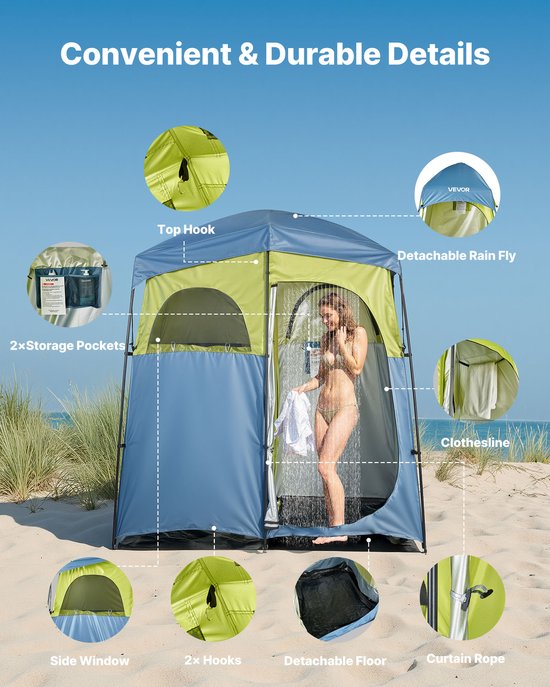 VEVOR 2-Kamer Douchetent, Toilettent (2133x1067x2133 mm) met Douchezak, Omkleedtent Inclusief Haringen, Touwen, Draagtas En Steunpalen, Gemaakt van 150d Oxford-Stof, Geschikt Voor Kamperen, Strand En Vissen van Merkloos — afbeelding 3