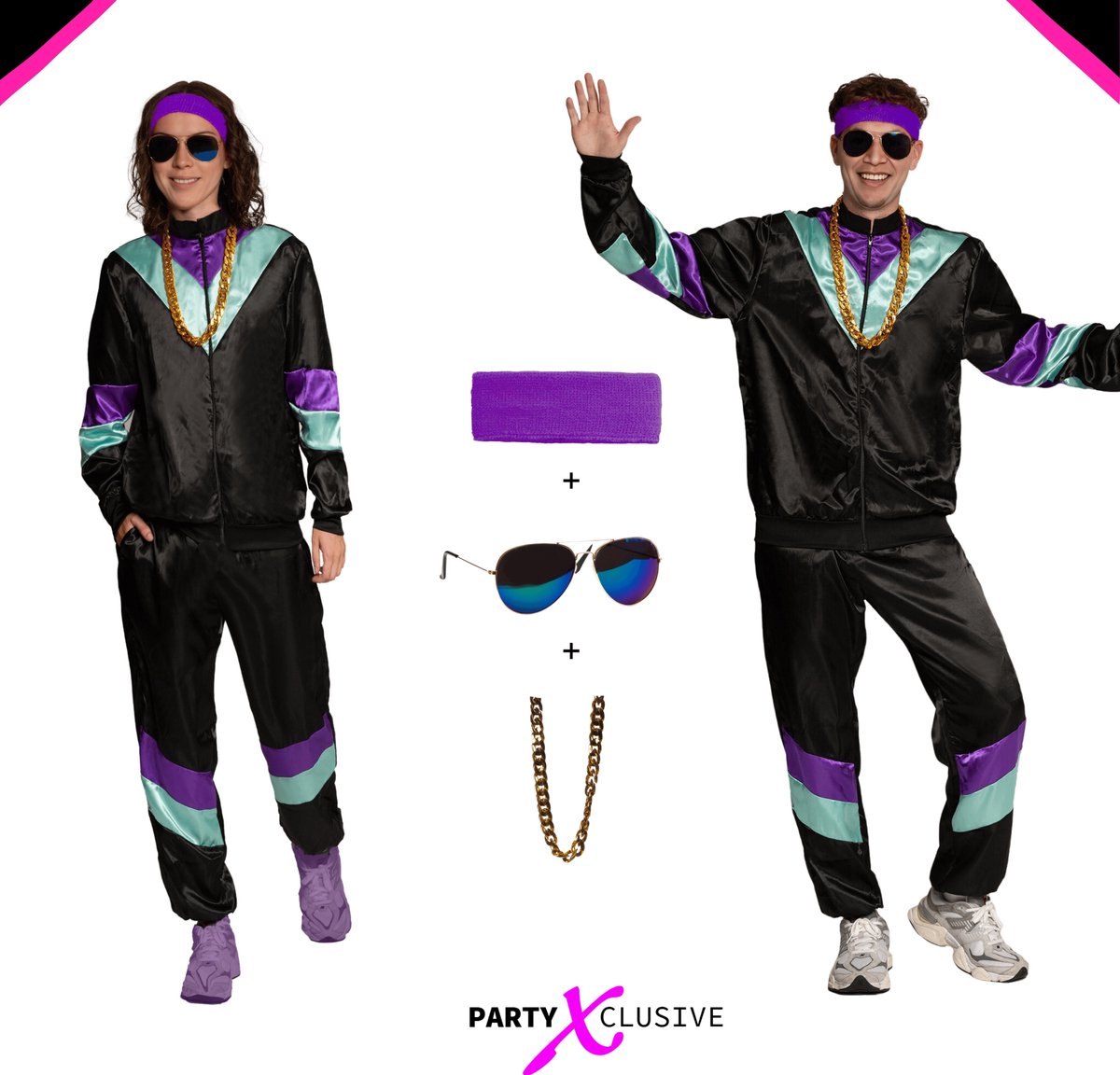Partyxclusive 5-Delig Fout Trainingspak Jas/Broek/Hoofdband/Ketting/Bril Jaren 80 & 90 Kostuum Disco Foute Party Outfit Dames en Heren Retro Verkleedkleding Carnavalskleding Heren Carnavalskleding Dames - Polyester - Zwart - Maat XL