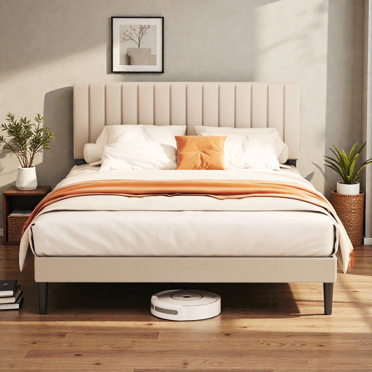 KUTAS Gestoffeerd bed - 140x200 cm - met Hoofdbord en Lattenbodem - Metalen Bedframe - Tweepersoonsbedden - met 17 cm Opbergruimte - Stevig - Stil - Gemakkelijk te Monteren - Grijs