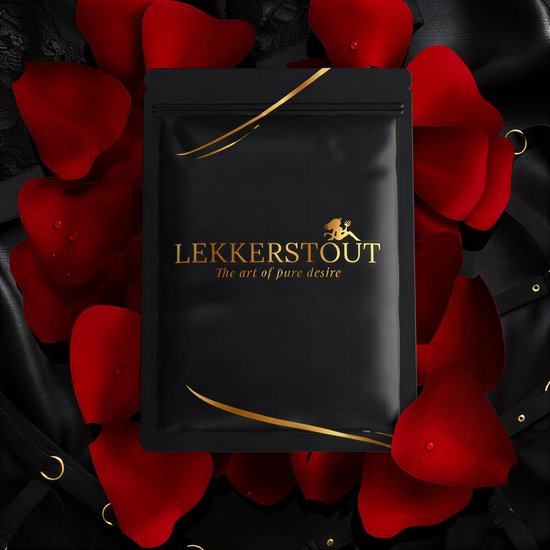 Zwarte verpakking met het Lekker Stout logo, omringd door rode rozenblaadjes.