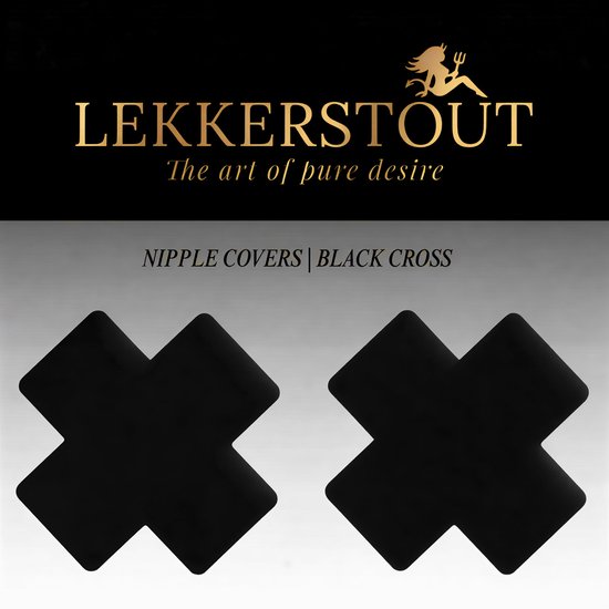 Zwarte kruisvormige tepelstickers.