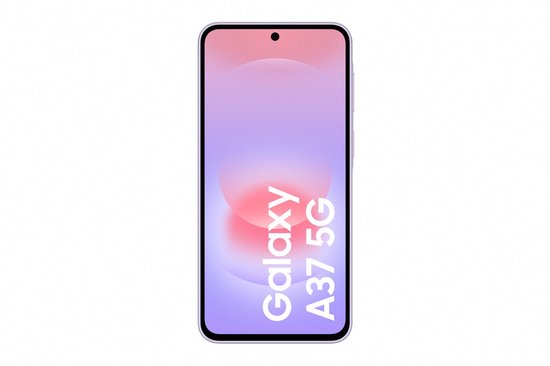 Paarse Samsung Galaxy A37 5G smartphone met een paars-roze gradient op het scherm.