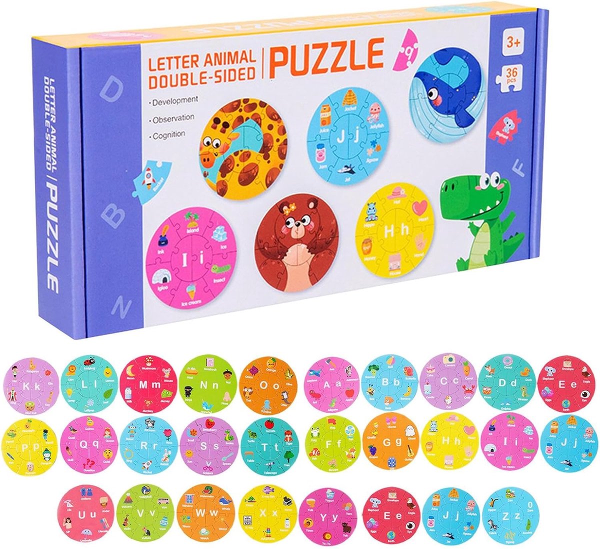 Educatieve Puzzels - Letters Cijfers - Vroeg Leren - Dubbelzijdig Hout - 26x13 cm - Dierenalfabet