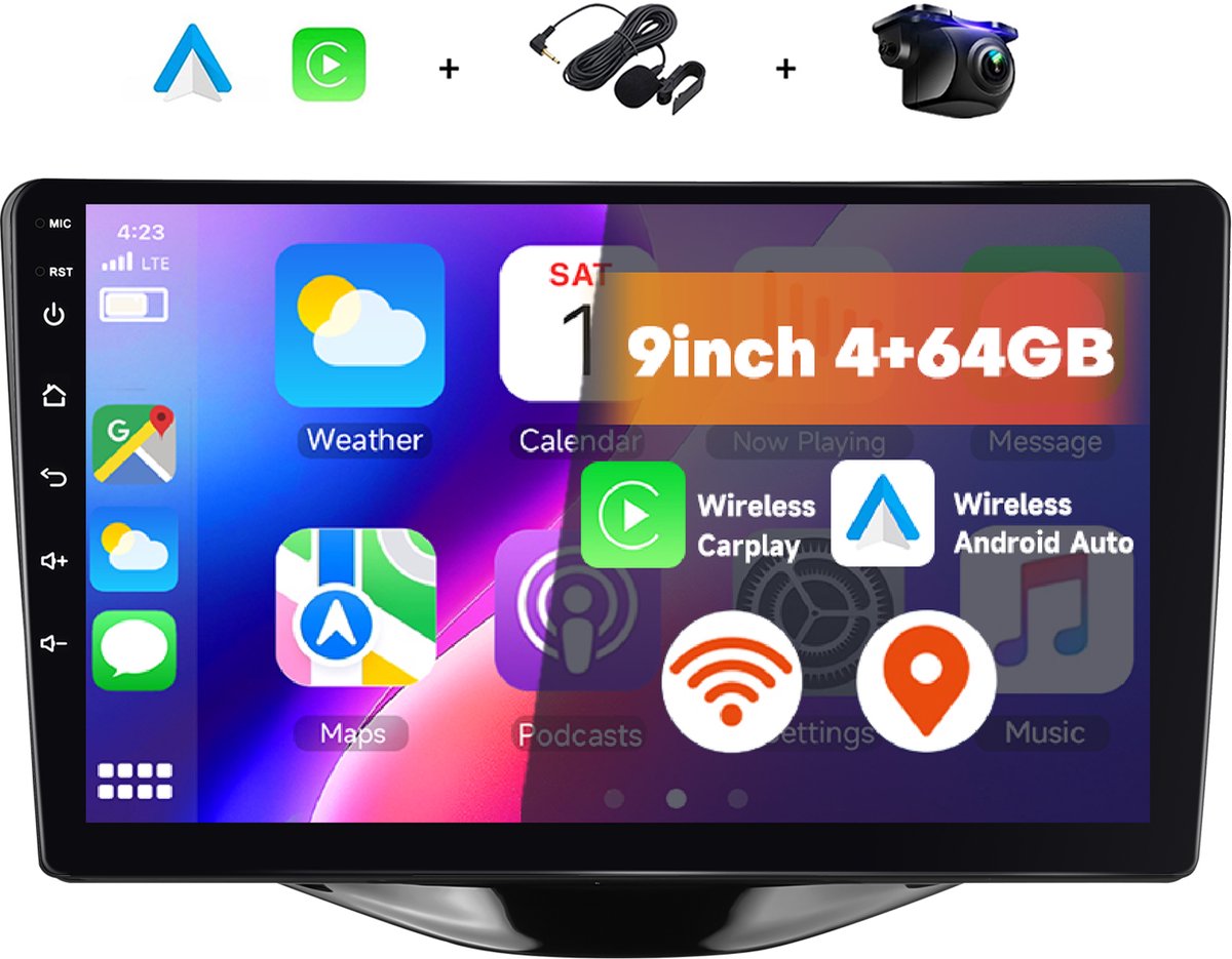 Boscer Autoradio Geschikt voor Toyota Aygo, Citroën C1 & Peugeot 108 (2015–2020) - 4+64GB Android 15 - 9 Inch HD Touchscreen (1280x720) - Draadloze Apple CarPlay & Android Auto - GPS, WiFi & Bluetooth - Camera & Microfoon