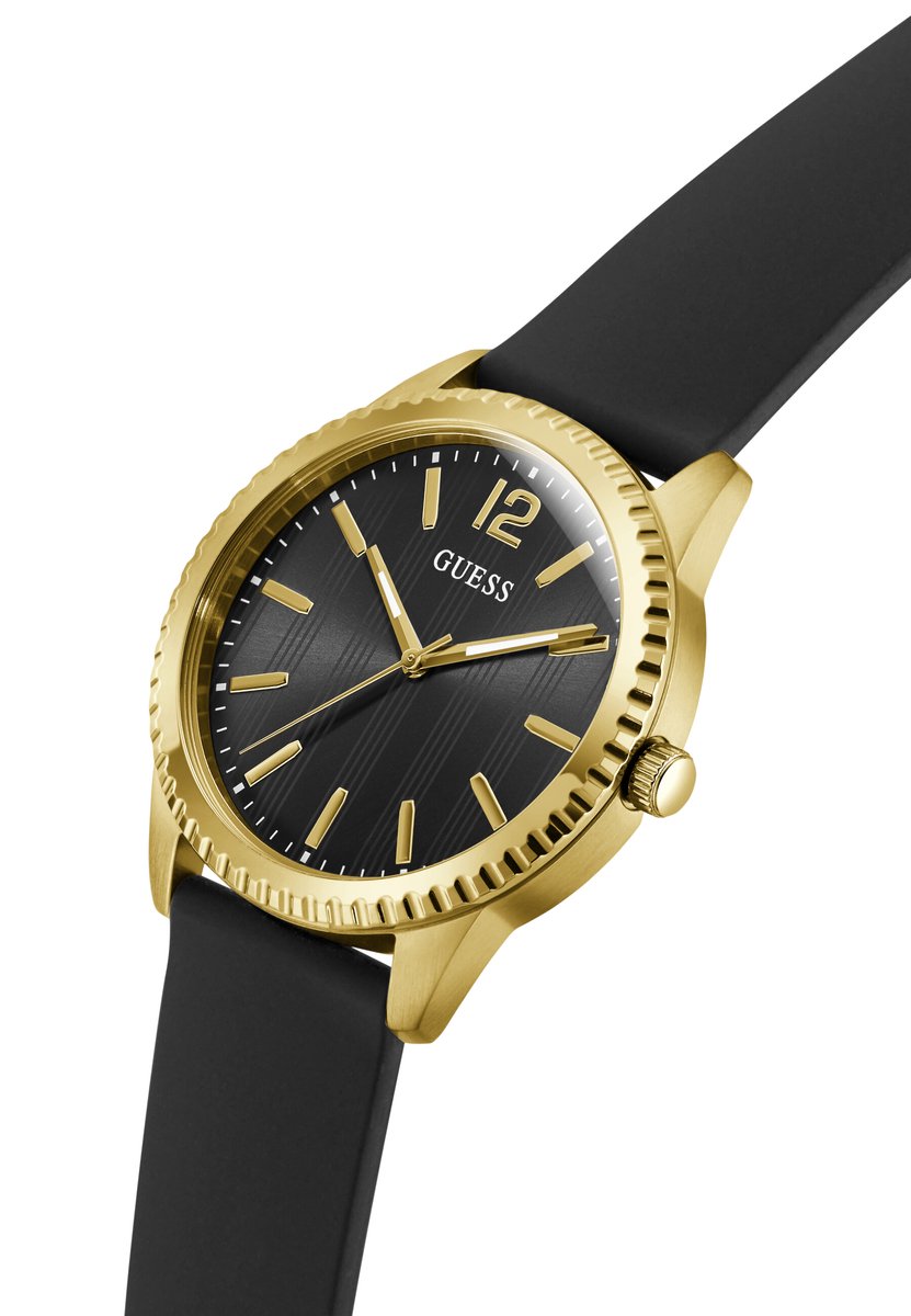 Guess Chip Quartz Analoog Horloge Goudtint En Zwart Kast: 100% Roestvrij Staal | Armband: 100% Siliconen 40 mm GW1063G1, GW1063G2