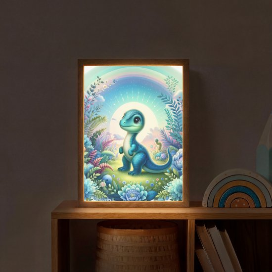 Nachtlampje 30x40 cm - Kinder lamp - Dino - Blauw - Regenboog - Dinosaurus - Baby - Tafellamp kinderkamer draadloos - Slaapkamer lampje - Bedlamp kinderen - Kinderlampje - Wandlamp babykamer - Nachtlampjes van OnlyWow — afbeelding 2