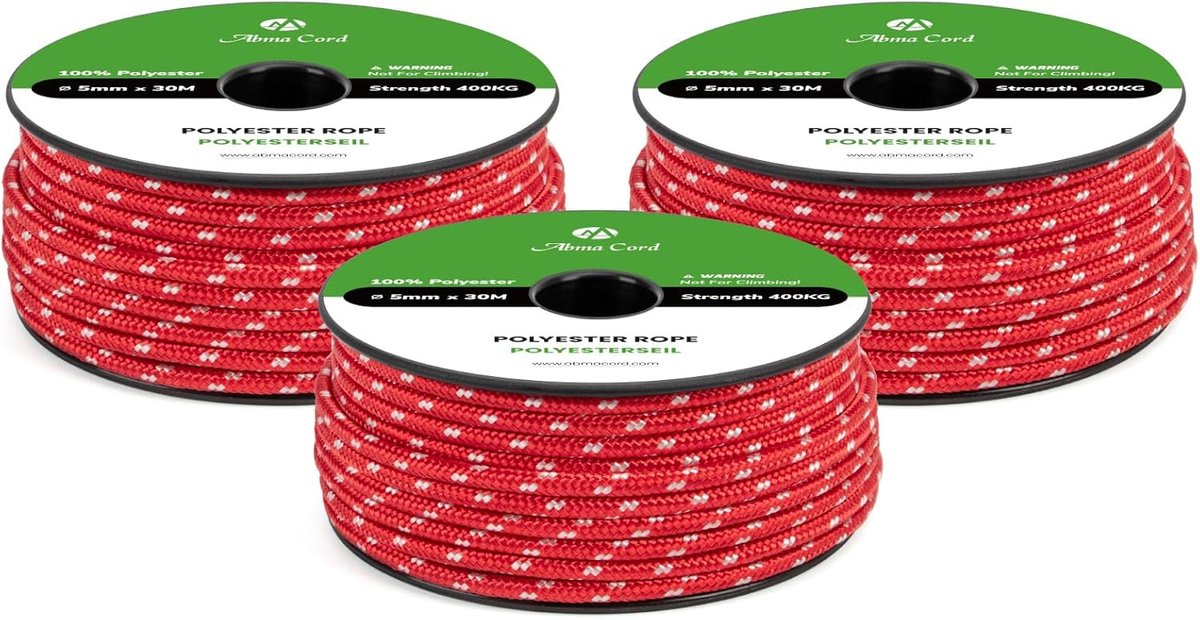 Gevlochten Polyester Touw - Sterk Koord - Outdoor Bevestiging - Hoge Breeksterkte - 5mm x 30m - Rood/Wit