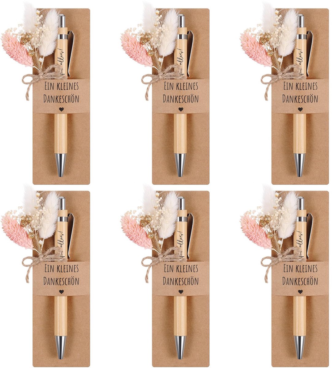 Bedankcadeauset - Gedroogde Bloemen en Houten Pennenhouder - 6 Sets