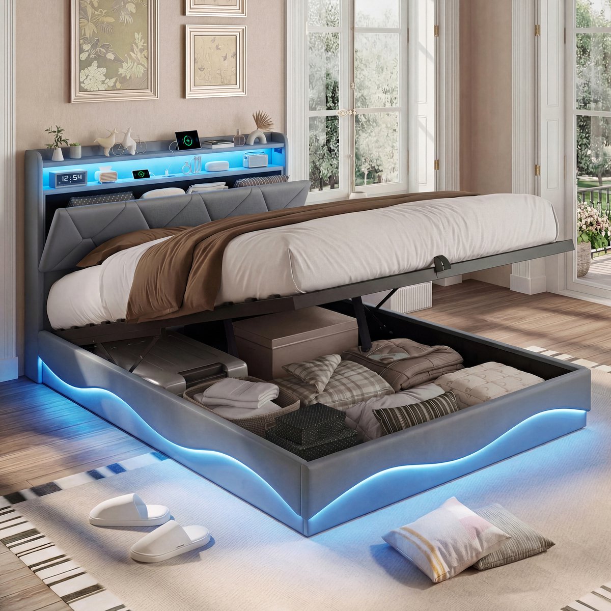 Boxspring Bed 160x200 cm met Opbergruimte, Hoofdeinde met Plank en LED Verlichting, USB-C & USB Oplaadpoorten, Hydraulisch Opklapbaar, Grijs
