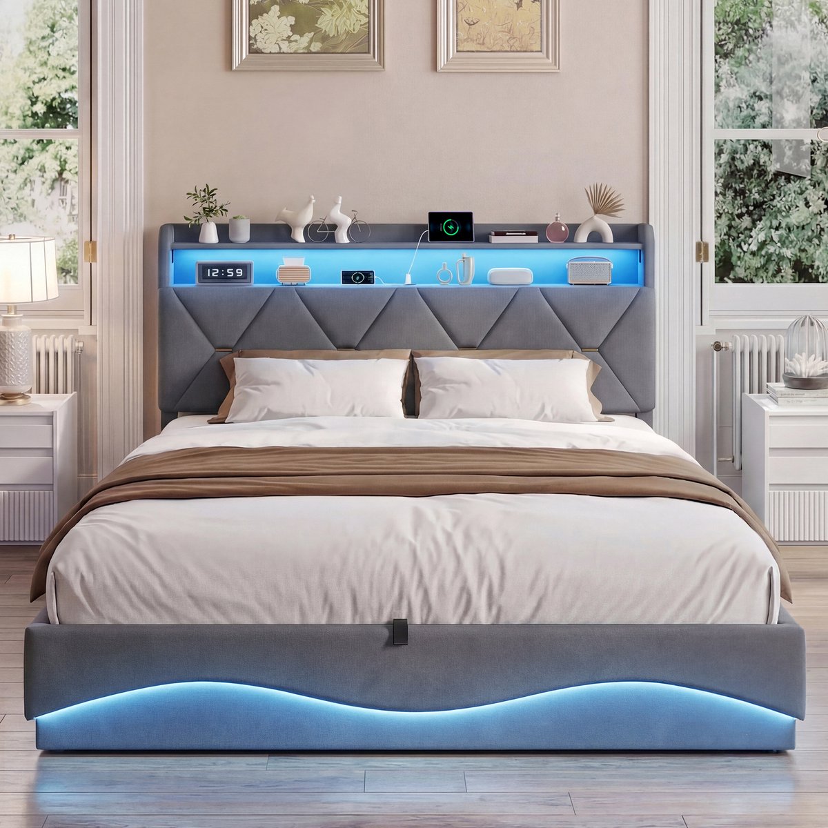 Boxspring Bed 160x200 cm met Opbergruimte, Hoofdeinde met Plank en LED Verlichting, USB-C & USB Oplaadpoorten, Hydraulisch Opklapbaar, Grijs thumbnail 4