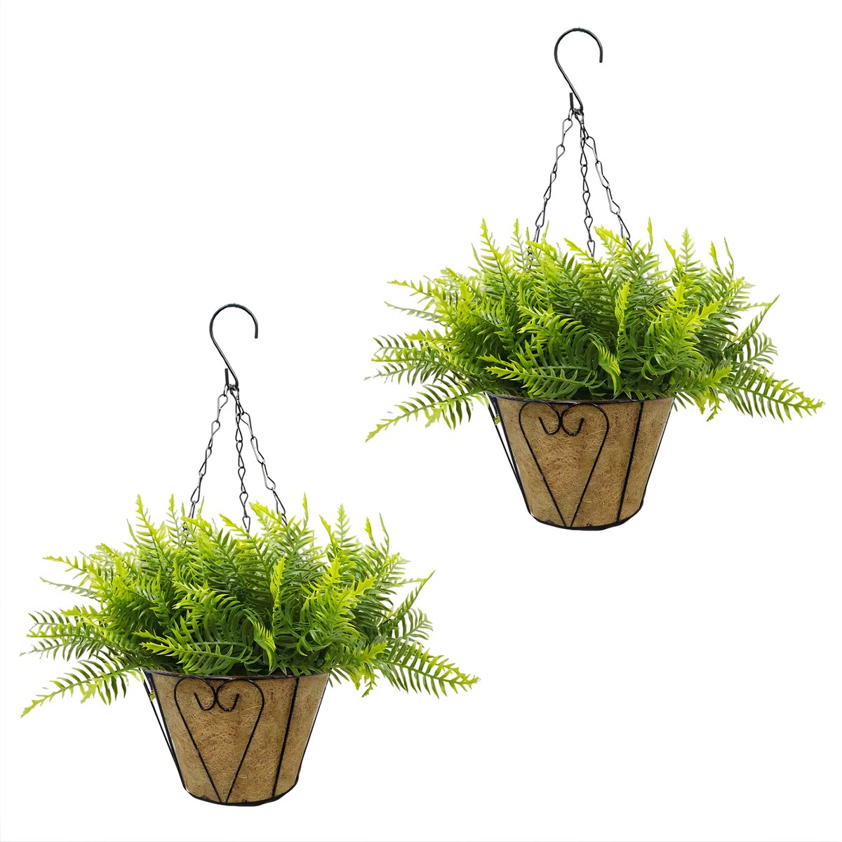 Happiq Kunstmatige Hangende Varen - Voor Thuis, Veranda & Balkon - Faux Nepplant, UV-Bestendig - 2 stuks, Groen Plastic met Mand Green