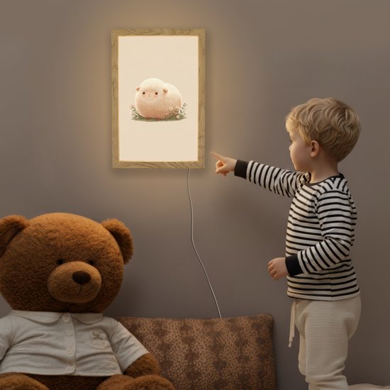 Nachtlampje 20x30 cm - Kinder lampje - Schaap - Beige - Bloemen - Tafellamp kinderkamer - Slaapkamer lamp - Bedlamp kinderen - Kinderlampje stopcontact - Wandlamp babykamer - Nachtlampjes van OnlyWow — afbeelding 5