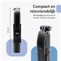 Zwarte selfie stick, 21 cm lang, compact en reisvriendelijk.