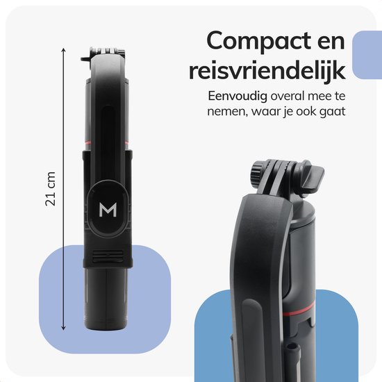 Zwarte selfie stick, 21 cm lang, compact en reisvriendelijk.