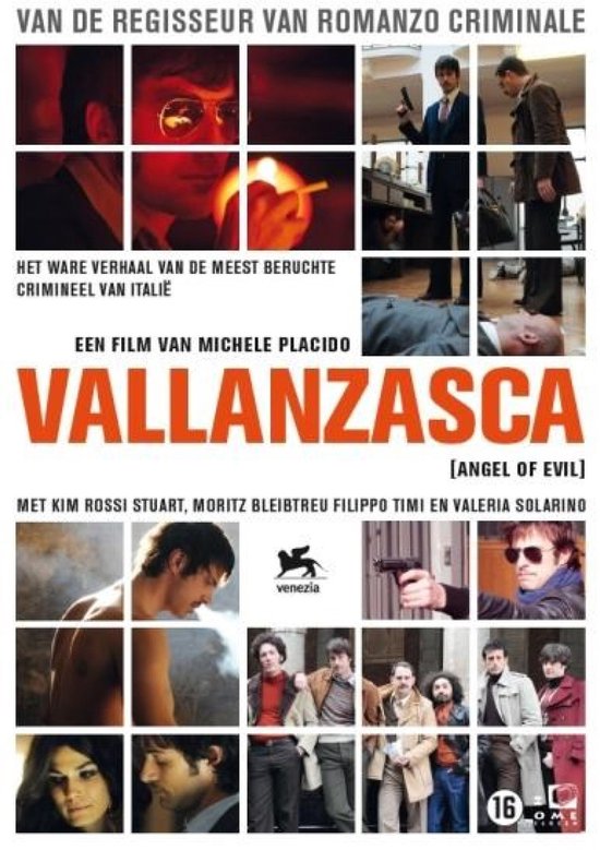 Filmcover Vallanzasca (Angel of Evil). Grote rode letters met de titel. Montage van filmbeelden.