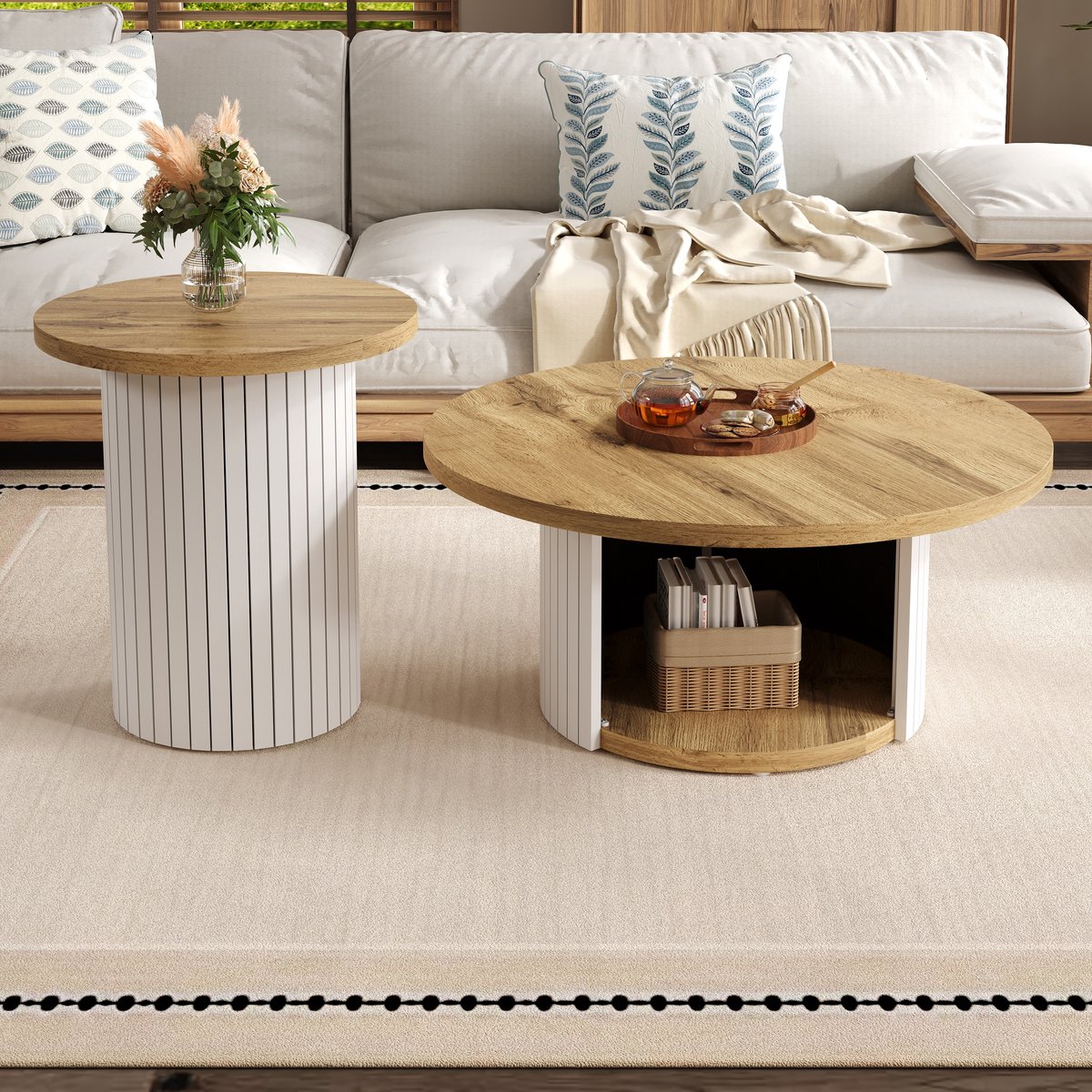 Wishdor Salontafelset - Dubbel Rond Ontwerp En Opbergruimte - Scandinavische Stijl - Voor De Woonkamer - MDF - Naturel - 75 x 75 x 50 cm + 45 x 45 x 35 cm Natuurlijk