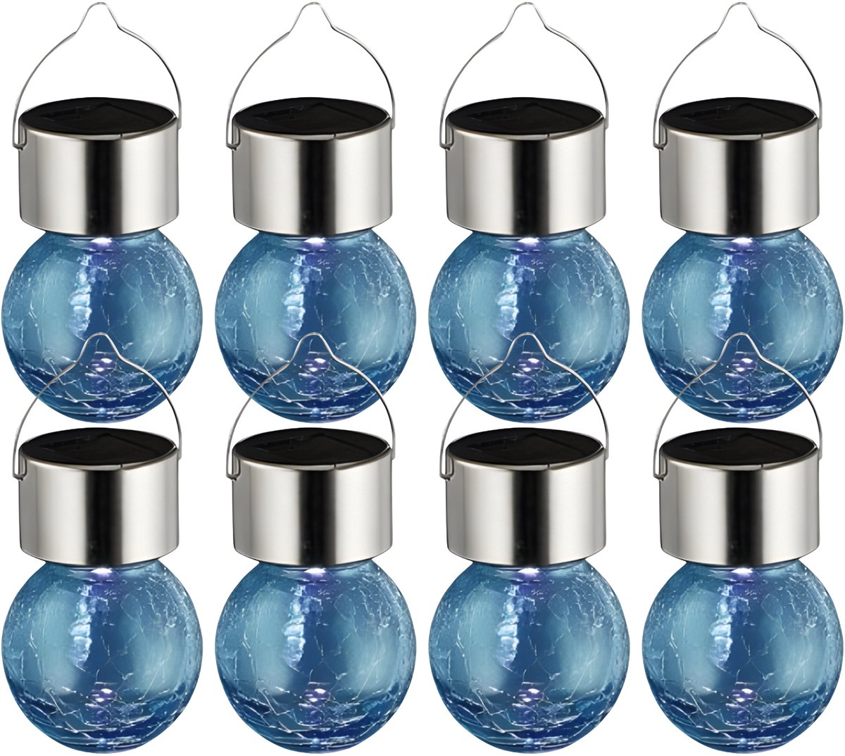Sunnydays Solar sfeer hanglamp - 8x - tuin - lampenbol - blauw - glas - 9 cm - ophang haak