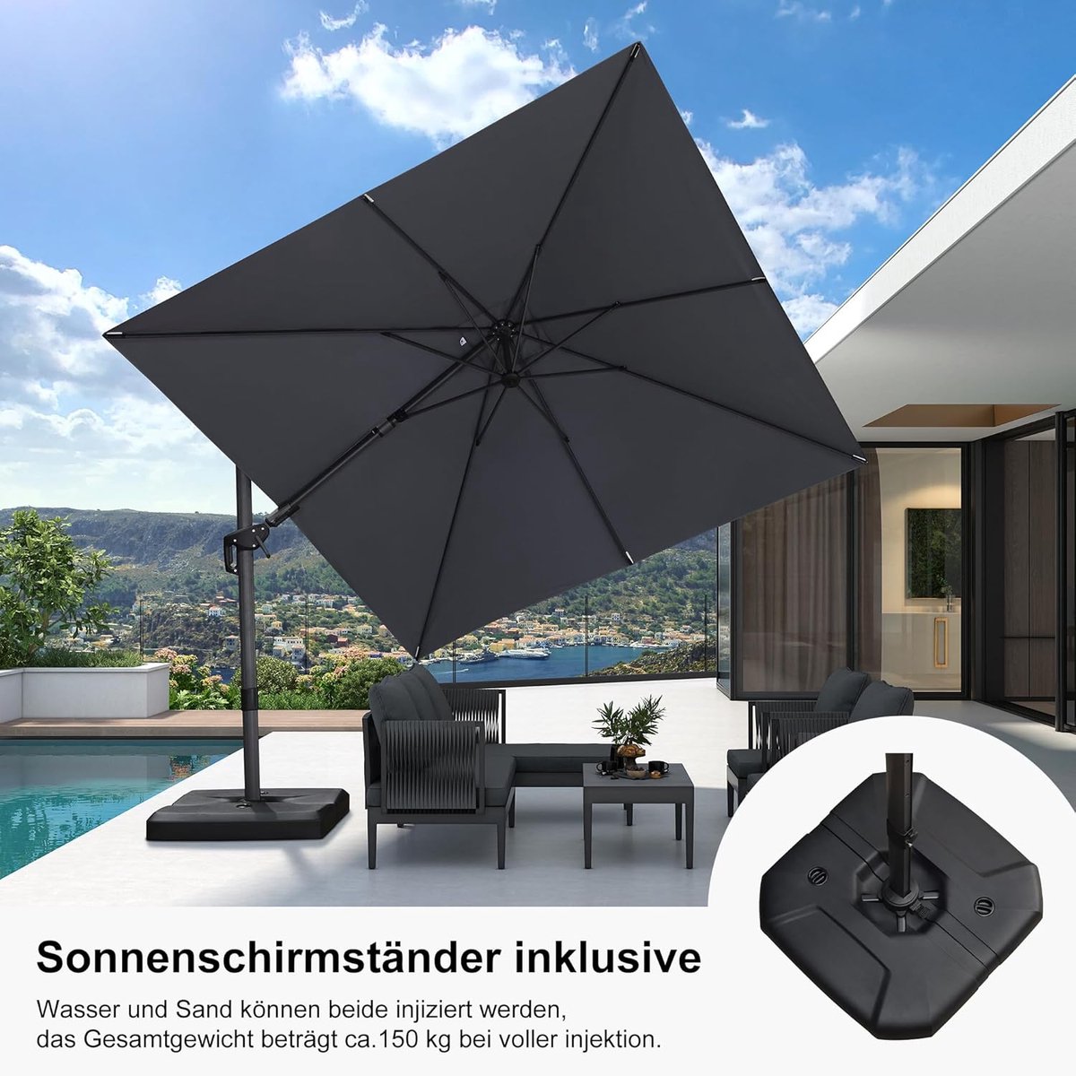Zweefparasol 300x300 cm 360° Draaibaar Kantelbaar met Voet en Zwengel – UV50+ Waterafstotend Aluminium Tuinparasol Lichtgrijs – Laura