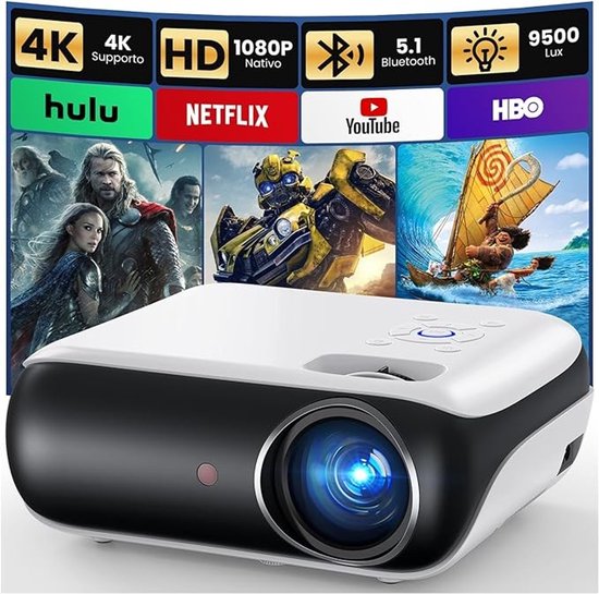 Draagbare Full HD projector 1920×1080 met Bluetooth 5.1, ingebouwde speakers, HDMI & USB, groot beeld