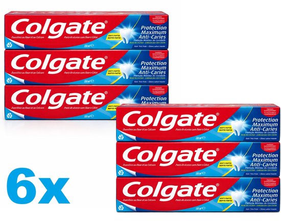 Six tubes de dentifrice Colgate avec emballage bleu et rouge, avec 'Protection Maximum Anti-Caries' en lettres blanches.