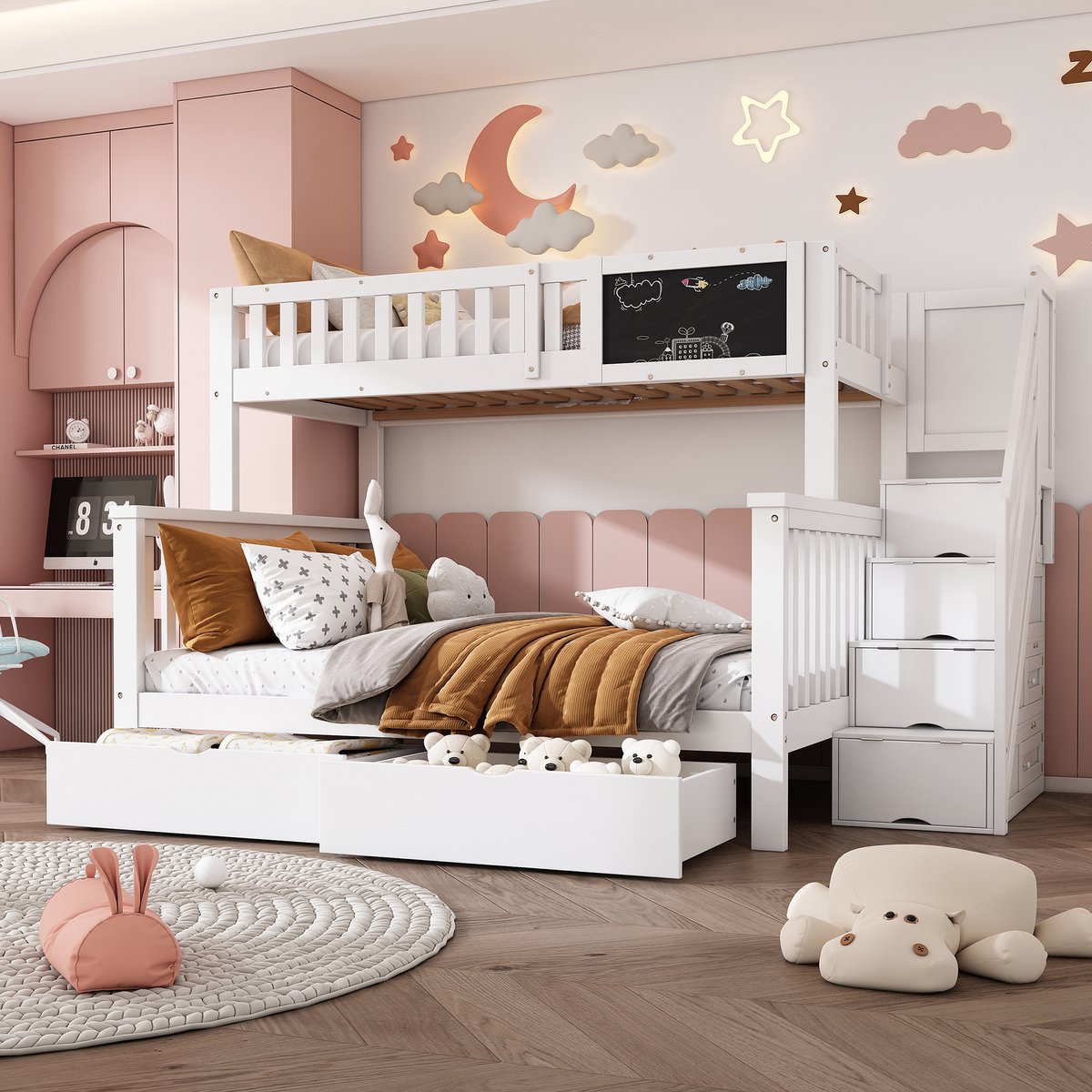 Zubaliya Kinderstapelbed, tweepersoonsbed, multifunctioneel kinderbed met krijtbord en lades, veiligheidsreling, matras niet inbegrepen, wit - 2 slaapplaatsen