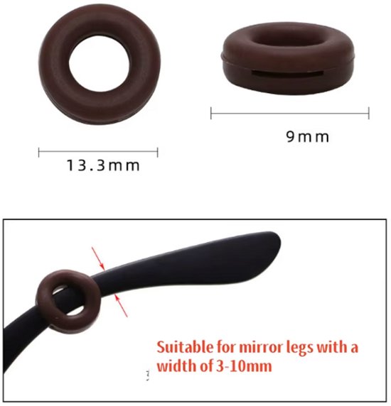 Bruine siliconen brilhangers met afmetingen. Geschikt voor pootjes van 3-10mm breed.