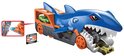 Blauwe Hot Wheels haaienauto transporteur met oranje opbergruimte. Groene en gele auto's erin.