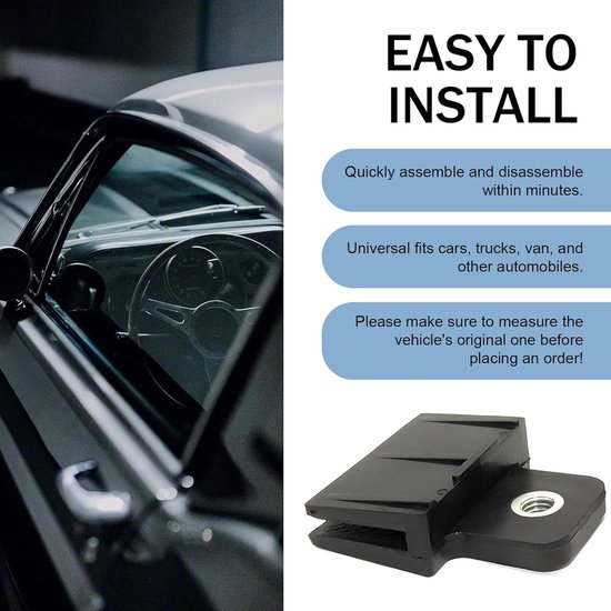 Zwarte kunststof clip met schroefdraadgat, naast een auto interieur. "EASY TO INSTALL".