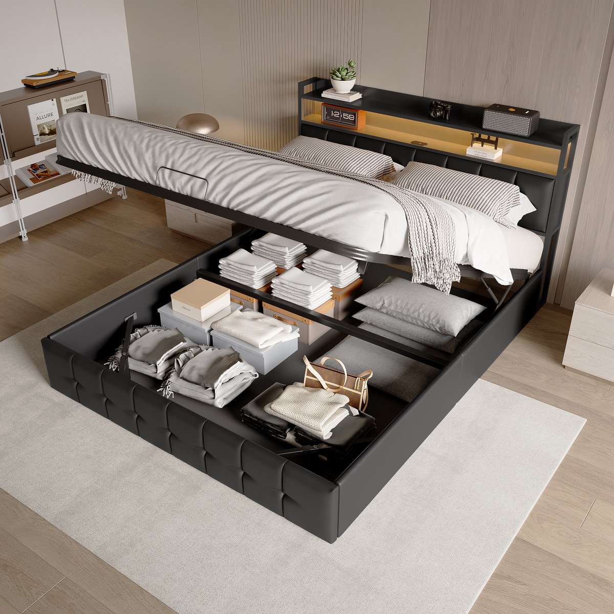 ROSAHQNDA Tweepersoonsbed met ledverlichting en usb-poort, opbergruimte met hydraulische stang, gestoffeerd hoofdeinde van zwarte PU-stof, 140x200 cm, exclusief matras Zwart - PU