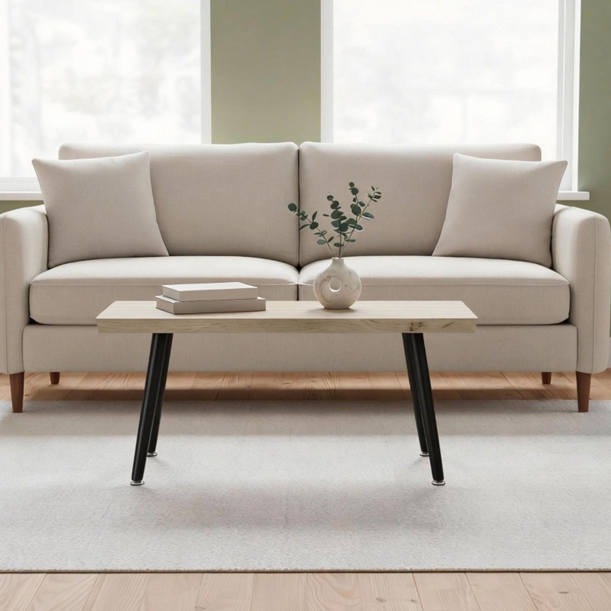 REDOM Salontafel - 4 Cm Dik Tafelblad En Stalen Poten - Scandinavisch Ontwerp - Voor Woonkamer - Eikenkleur En Zwart - 100 X 50 X 45 Cm